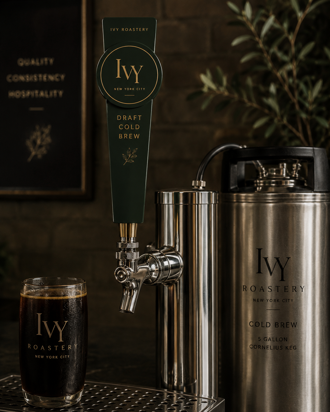 IVY Roastery draft cold brew tap handle and Cornelius keg